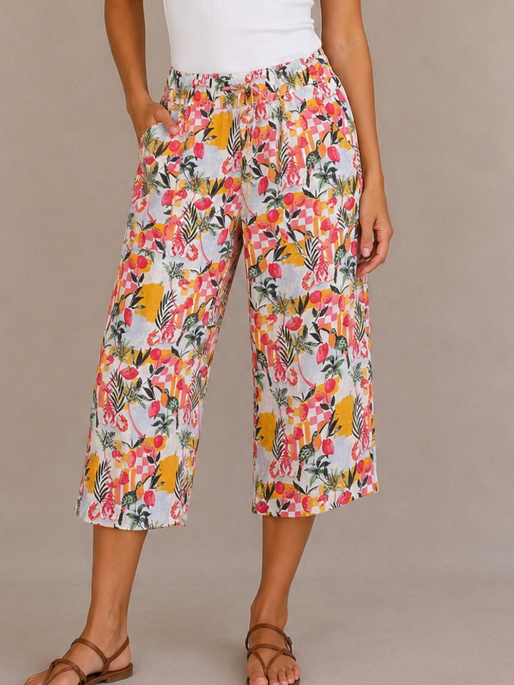 C&C California 100% linen wide-leg tropical linen pants medium - Picture 1 of 12